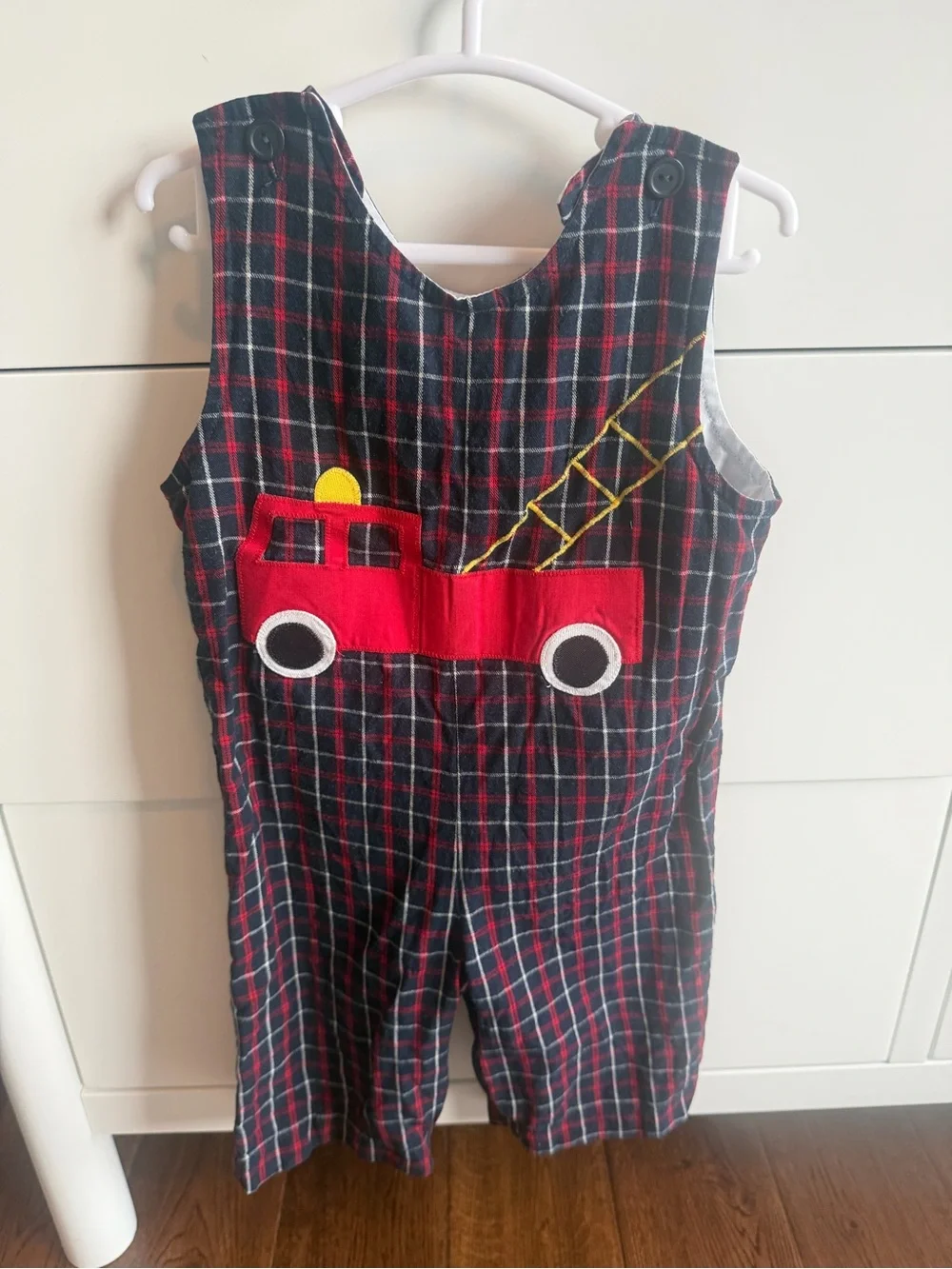 Kids Plaid Fire Truck Appliqué Overalls - Red Accent